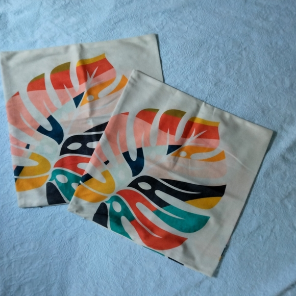 Other - Pair Of Monstera Leaf Colorful Vibrant Mid Century Modern Square Pillow Case